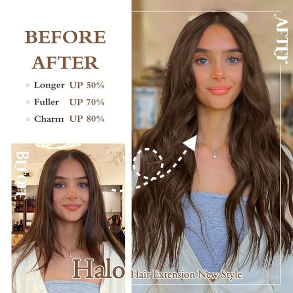 BUPPLER 20” Medium Brown Halo Hair Extensions Synthetic Clip-In Natural Waves - Picture 4 of 5